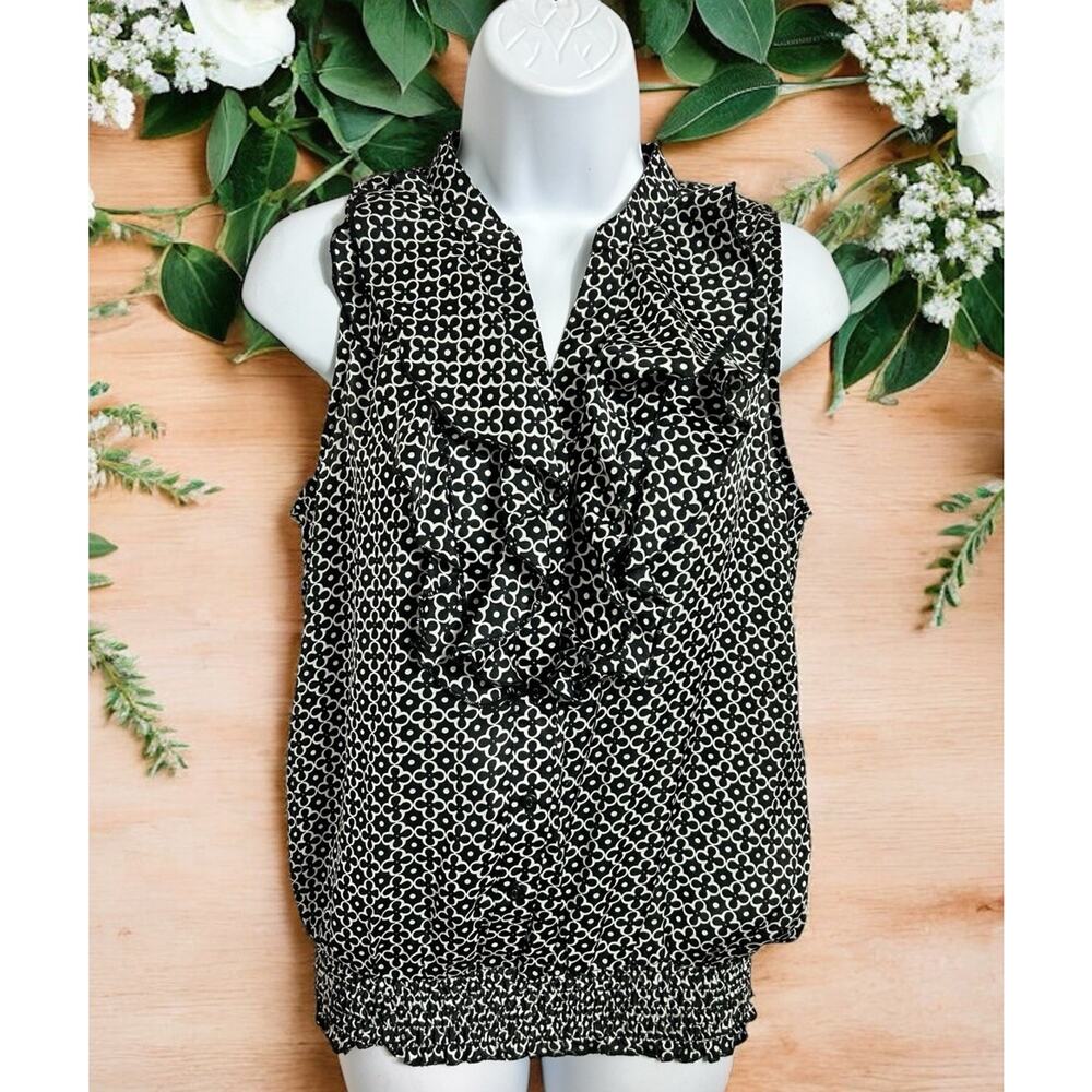 Jules & Leopold Black White Floral Blouse Sz S V-Neck Sleeveless Top Ruffle